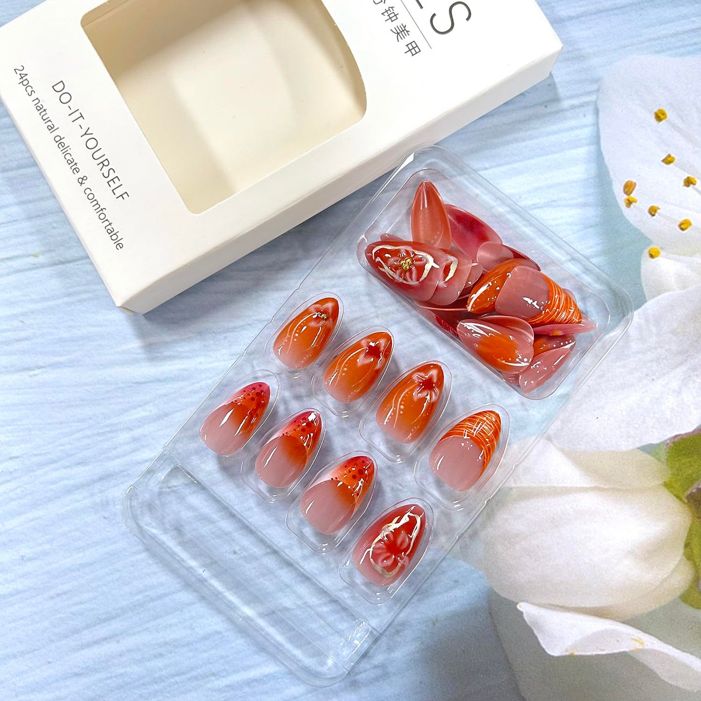 Flower Press on Nails Medium French Tip 3D Stereoscopic Floral Gold Pearl Design Coffin Acrylic Full Cover Almond Press Ones Artificial Glue on for Women