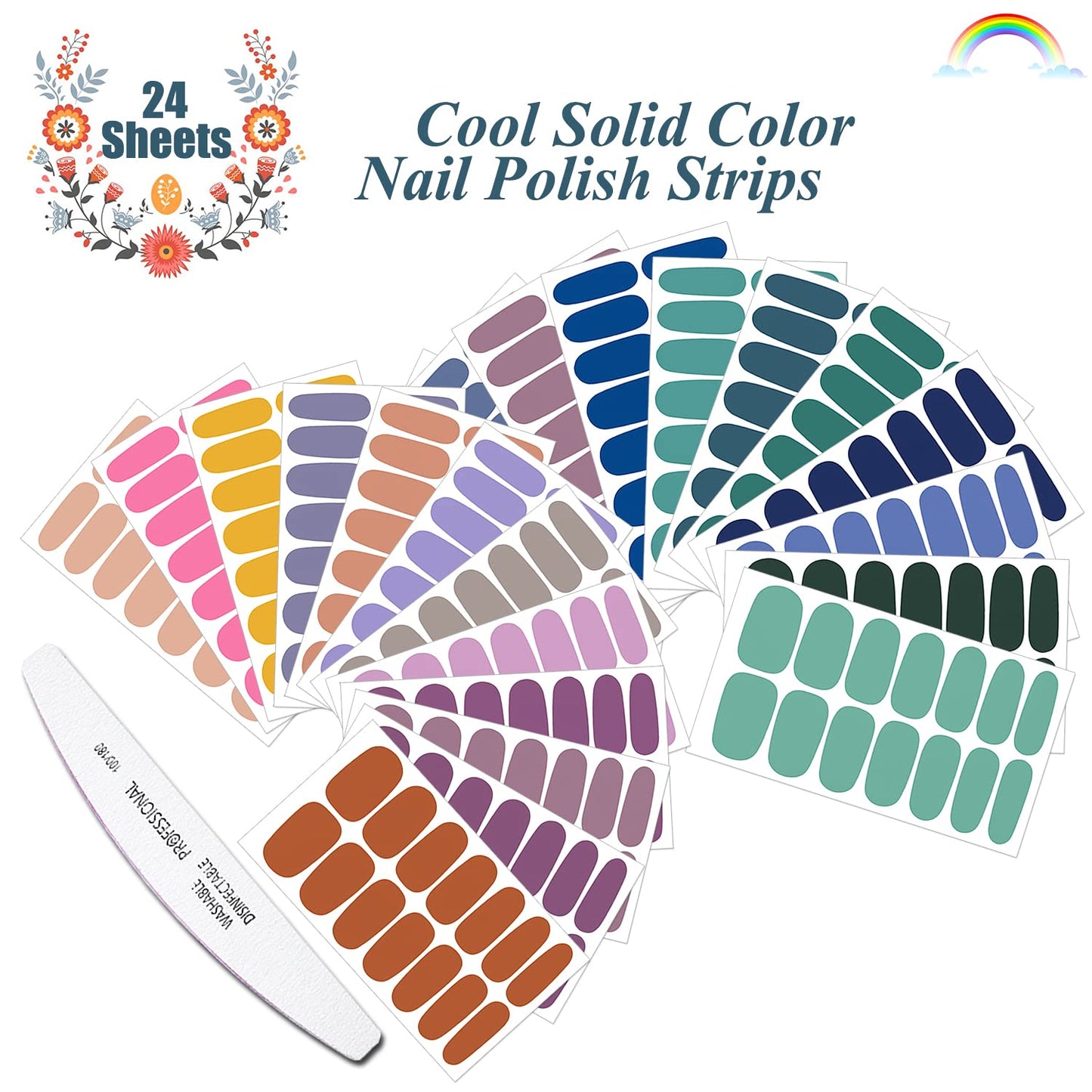 JERCLITY 24 Sheets Solid Cool Colors Nail Stickers Full Wraps Real Polish Strips for Women Art Bright Color Gel Strips With File