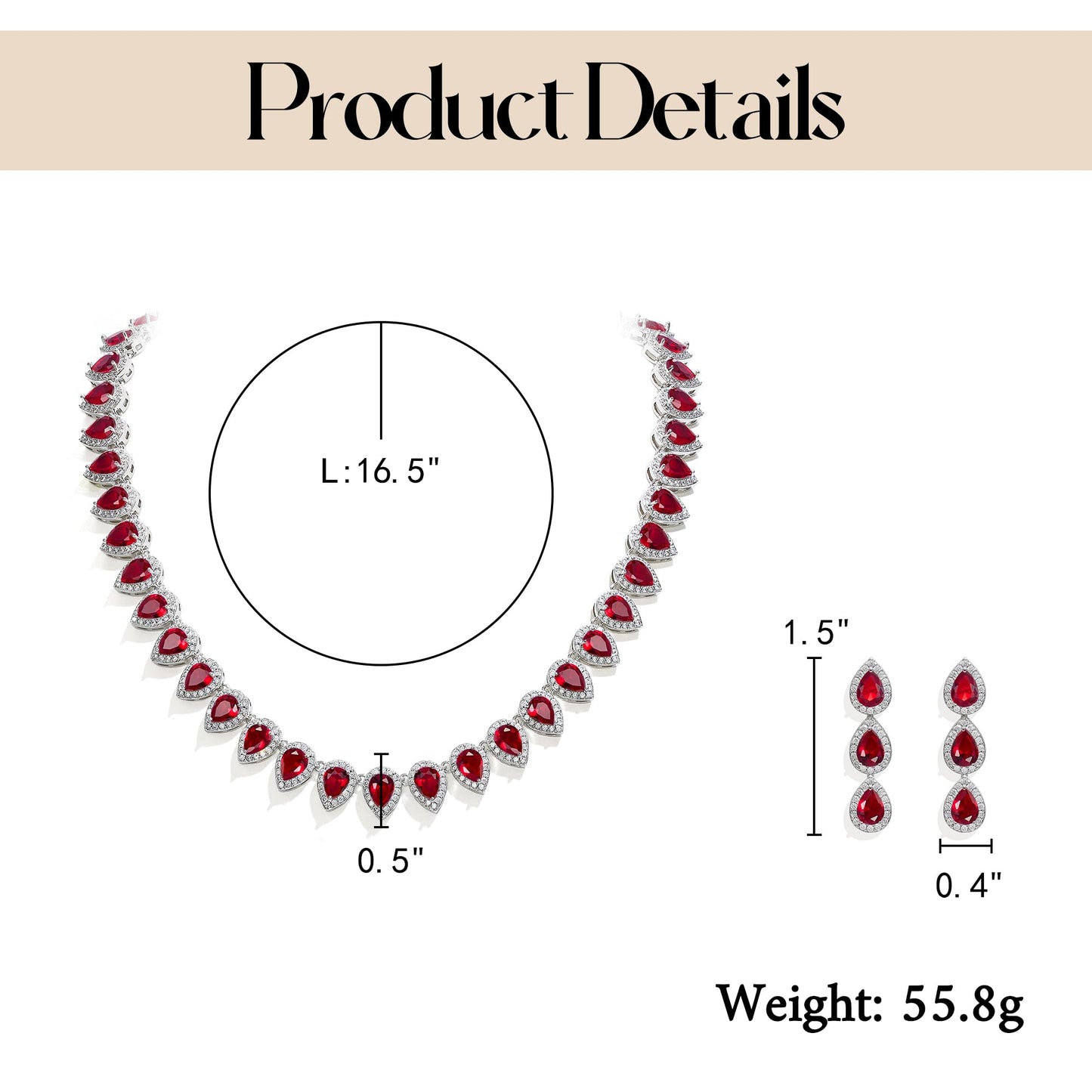 EleQueen Women's Wedding Bridal Full Prong Cubic Zirconia Teardrop Necklace Earrings Set for Brides Bridesmaids Ruby Color