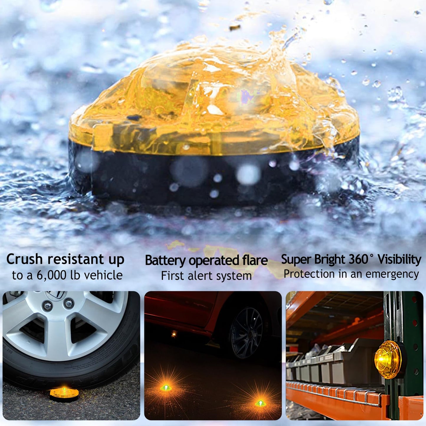GT-Lite 4 Pack LED Emergency Beacon Yellow,Roadside Flare,Magnetic Base,2 Modes Flash and Steady,for Car Emergency Kit or Amish Buggy,RV,Boat,Crush Resistant,Water Resistant