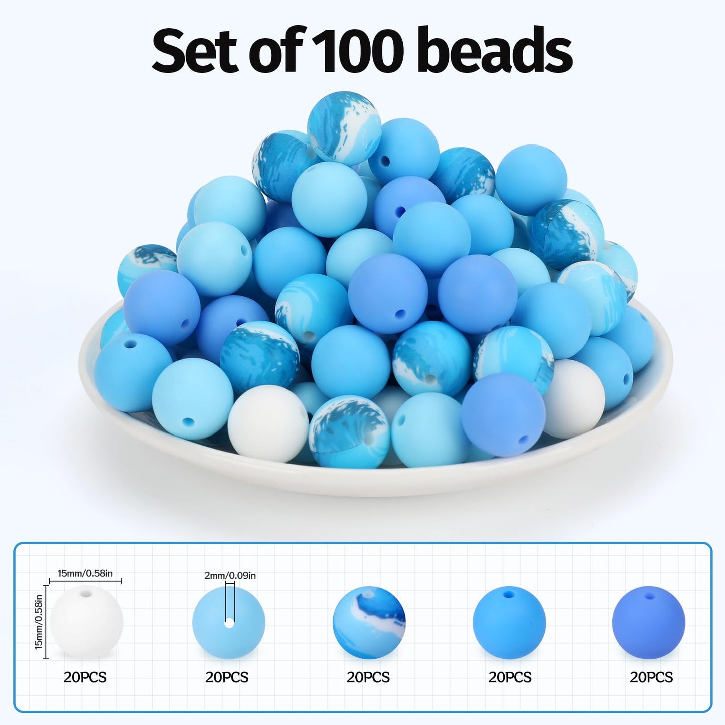 SALUOKE 100 Pcs 15mm Silicone Beads for Keychain Making, Pink Gream Silicone Beads Bulk Round for Bracelets Pens Crafts Jewelry Making (Blue White)
