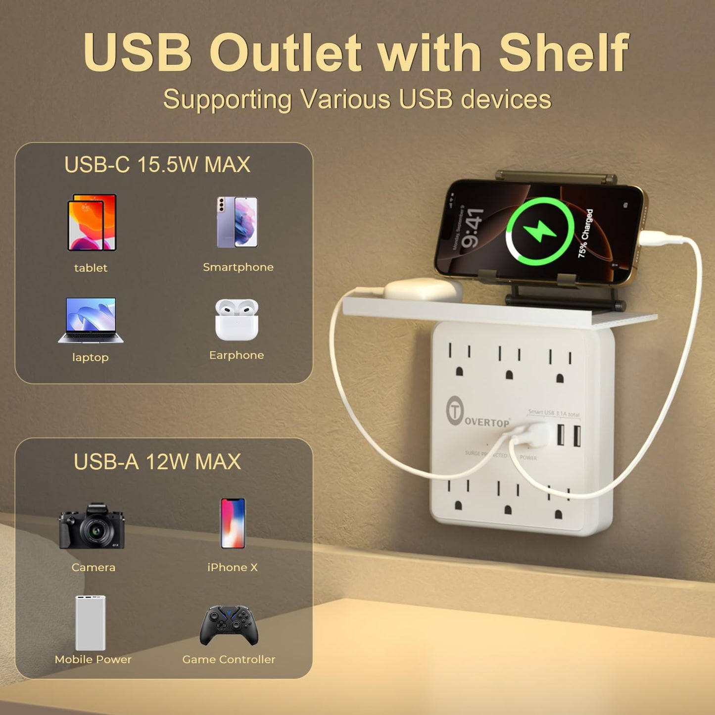 Overtop Power Charger with Shelf, Wall Outlet Extender Surge Protector with 6 AC Outlets, 4 USB Ports(1 USB C) Plug Expander Charger Shelf with Storage for Home, Dorm