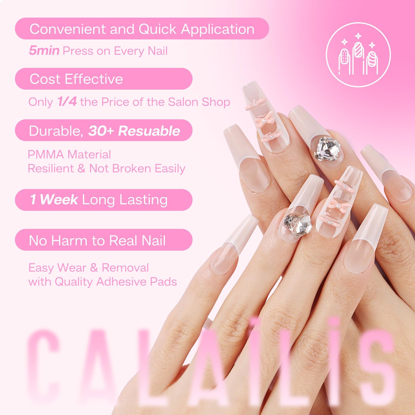 CALAILIS Handmade Press On Nails - Coffin Fake Nails Design By Nail Technician, Reusable 3D Painted Nail Art (Ballet Art, M)