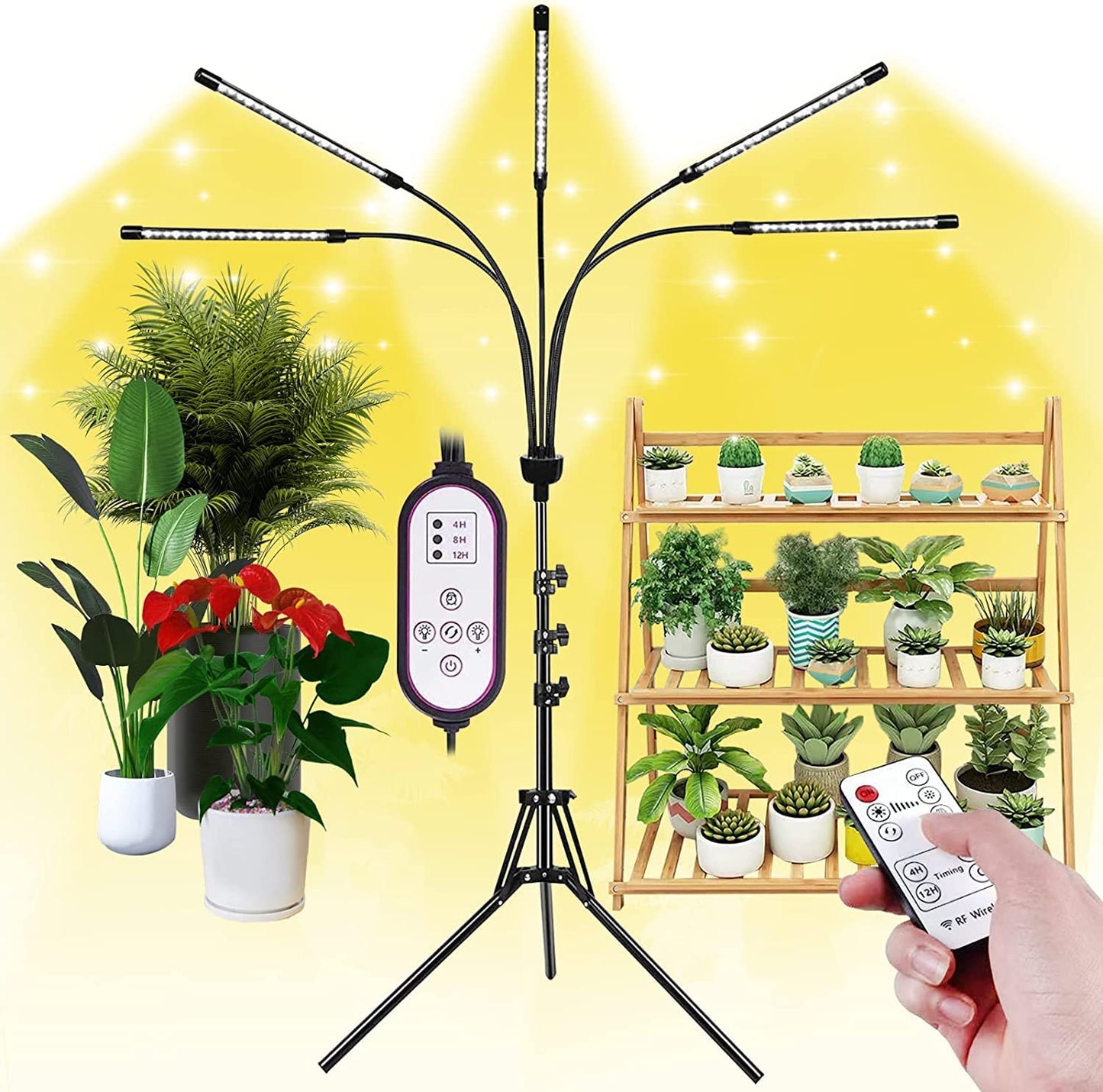yentbokj 5-Head Adjustable LED Lights, Full Spectrum Grow Lamp with Timer, Warm White Light for Indoor Plants