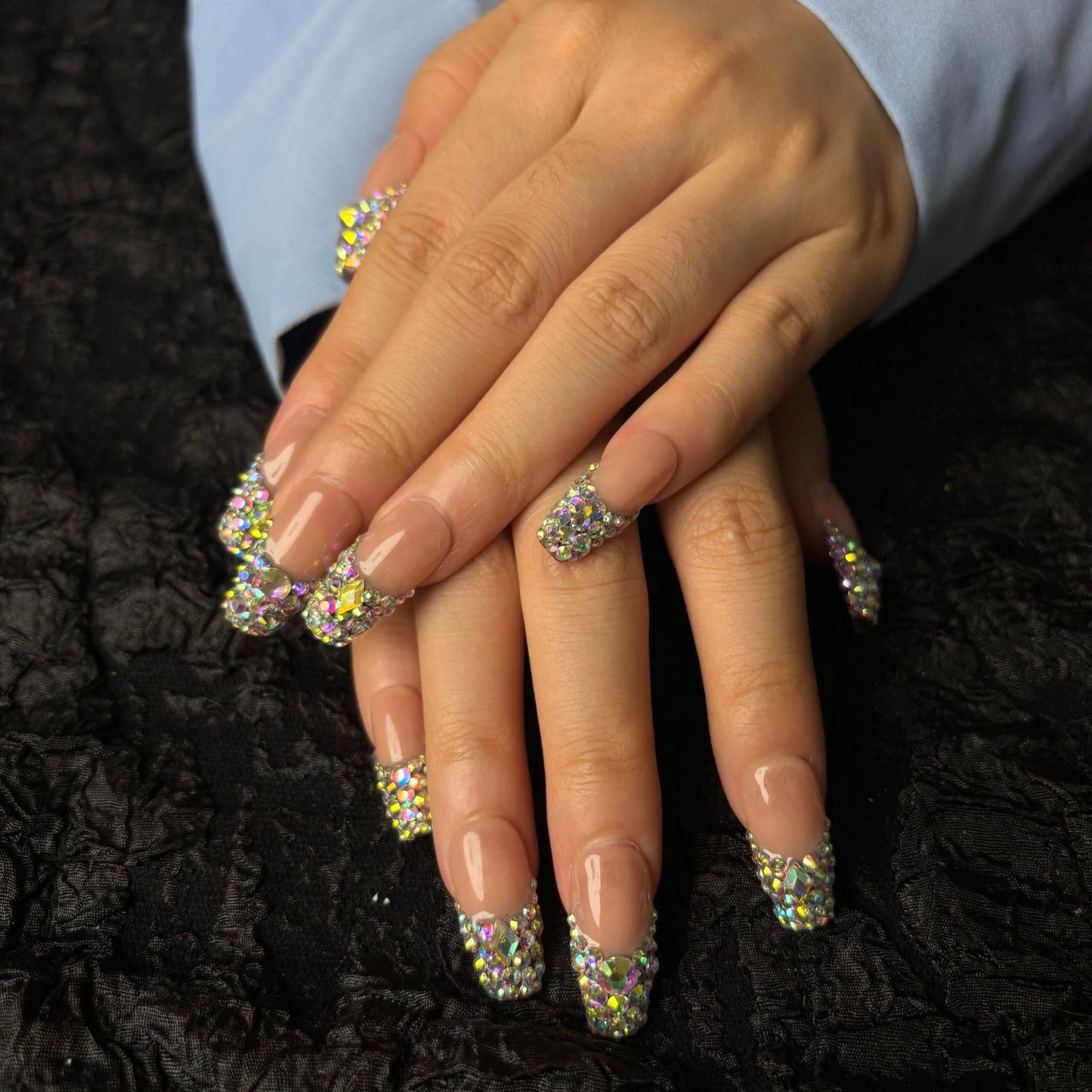AKA Unicron Handmade French Tips Press On Nails Medium Short Coffin Acrylic Fake Nails Press Ons with Shining Rhinestones Charm Design,Nail Charm Nature Lasting Stick On Woman Fingernails