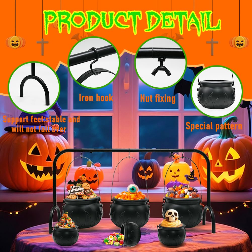 Halloween Cauldron Set with Rack - 3 Large & 6 Mini Black Plastic Flaming Cauldrons Candy Bowls for Indoor/Outdoor Hocus Pocus Party Decor, Witch Kitchen Serving & Haunted House Table Decorations