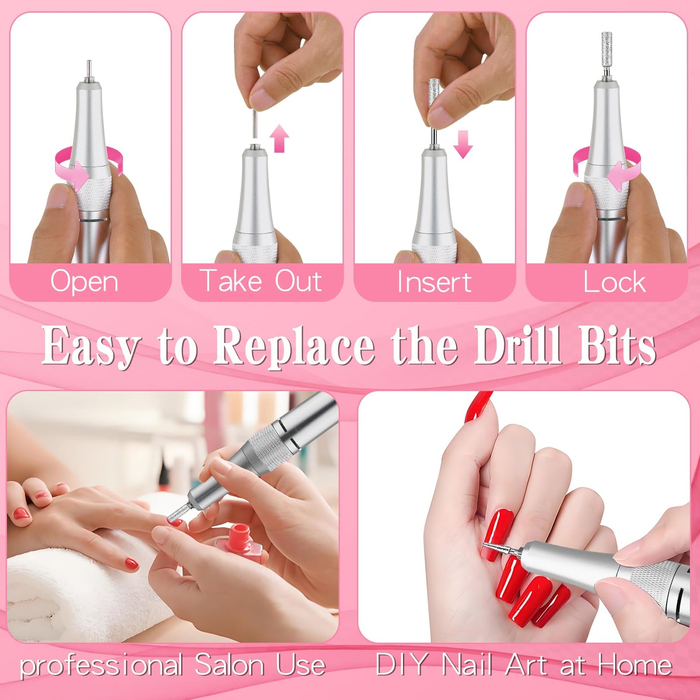 Professional Electric Nail Drill Machine, 45000RPM Nail File Acrylic Nail Kit with 6 Nail Drill Bits, Cordless E-File Nail Kits for Acrylic Nails Gel Polishing for Manicure Salon Home