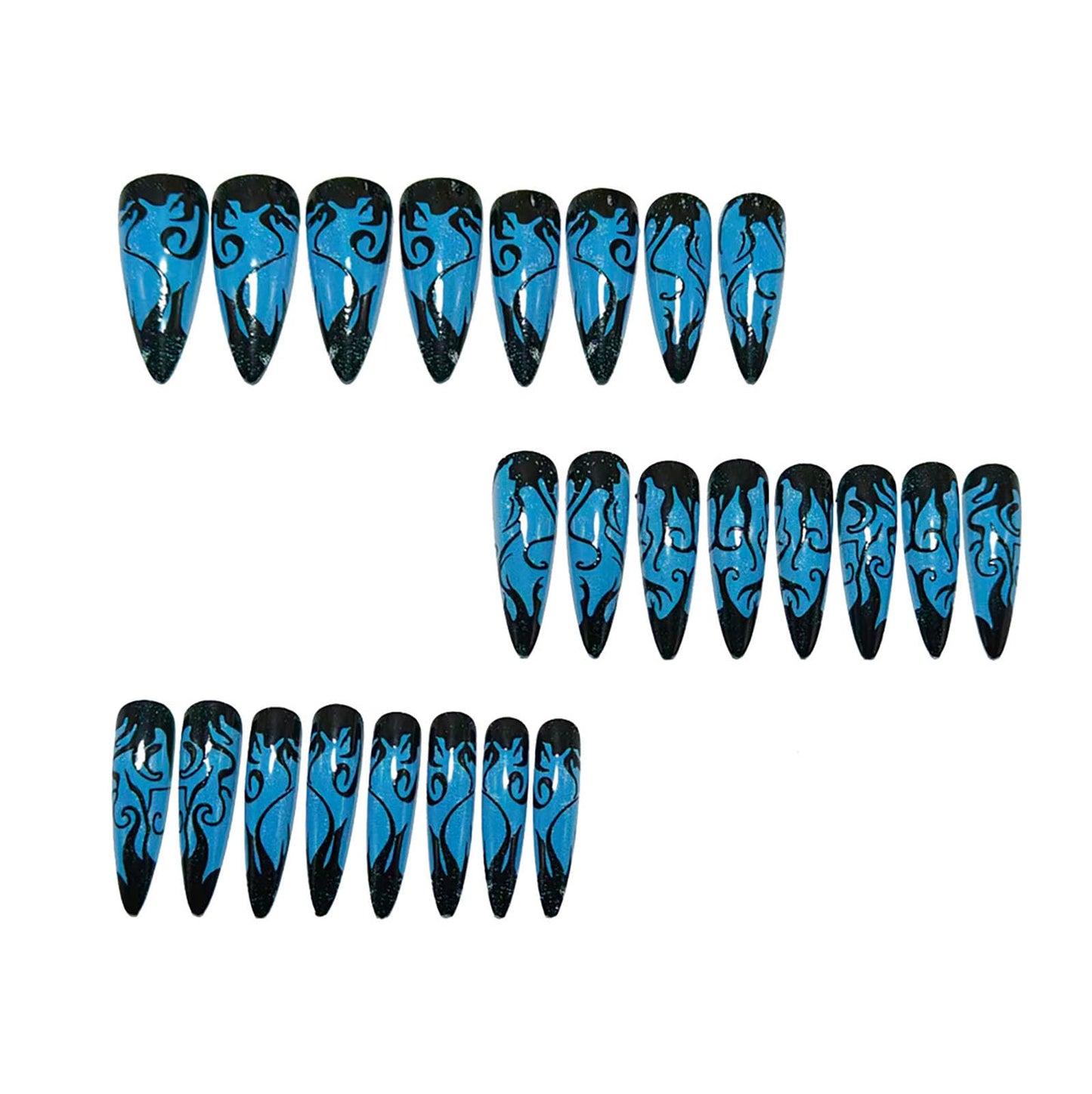 RUOKEXIN Long Stiletto Press on Nails French Tip Fake Nails Glitter False Nails with Designs Almond Nail Press ons Sparkly Artificial Nails for Women 24Pcs