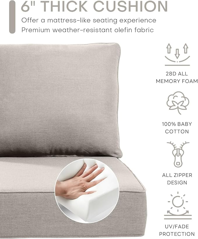 Luxury 24x24x6 Inch Outdoor Chair Cushions - Water&UV&Fade Resistant 1 Set Zippered Patio Back&Seat Cushion for Rattan Dining Rocking Swivel Chairs Loveseat Couch Sectional Sofa - Beige