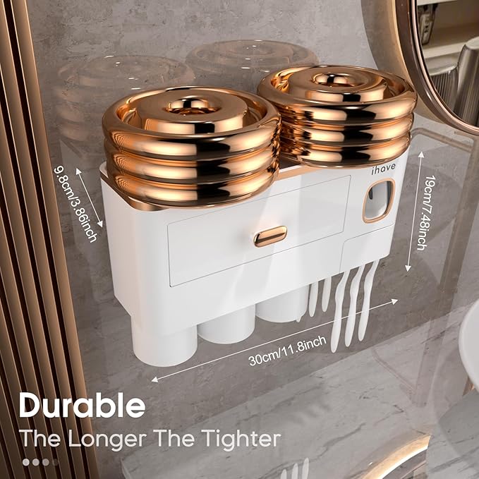 iHave Toothbrush Holders for Bathrooms - Upgrade Wall Mounted Toothbrush Holder with Toothpaste Dispenser - 3 Cups, Large Capacity Tray - Bathroom Accessories & Bathroom Storage