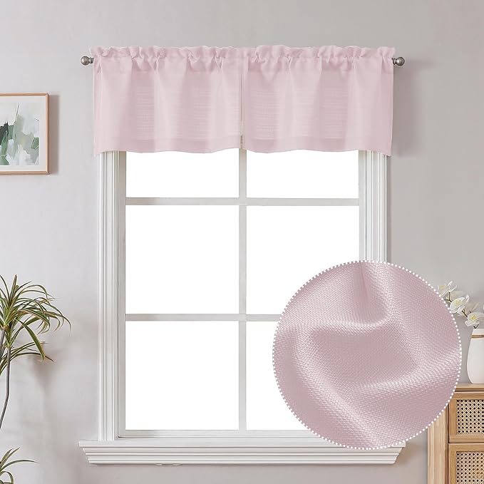 Chyhomenyc Bennet Blush Pink Valance for Windows, Faux Linen Slub Textured Semi Sheer Small Window Kitchen Valance Curtain, Rod Pocket Cafe Valance for Bathroom Laundry Basement, 30Wx14L inch, 2 Piece