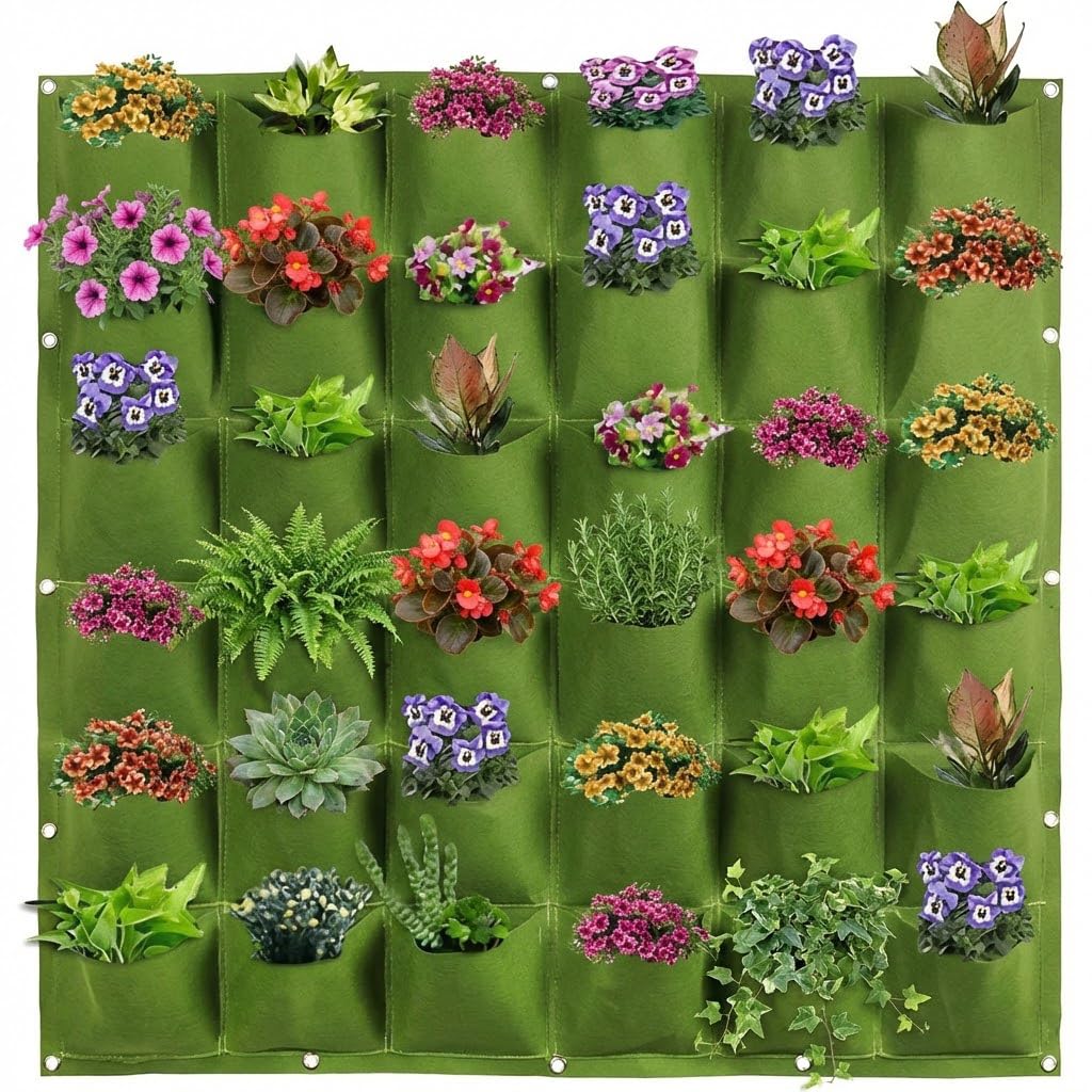 WFIST Vertical Hanging Planter Bag, Breathable Felt Wall Garden Planter with Metal Grommets, Indoor/Outdoor Space-Saving Herb & Flower Growing Pouch (36-Pocket)