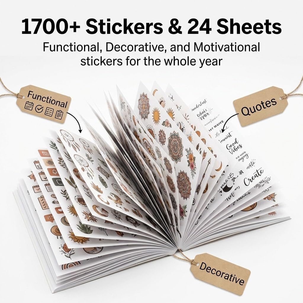 1700+ Planner Stickers Book for 2026 Planner & Scrapbook, Boho Aesthetic Journaling Supplies Kit with Tweezers & Storage Bag, Monthly Weekly Daily Organizer Accessories for Adults & ADHD