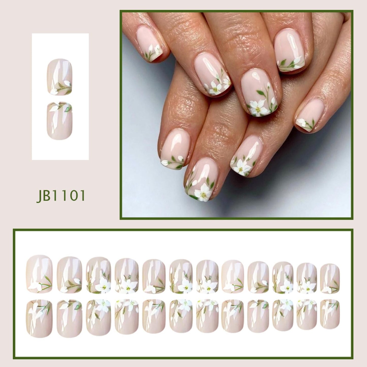 Short Square Press on Nails Nude Pink Base White Floral Green Leaf Patterns Shiny High Gloss Surface Gentle Manicure Artificial Nails Suitable for Elegant Unique Stick on Nails Stylish Charming 24 Pcs