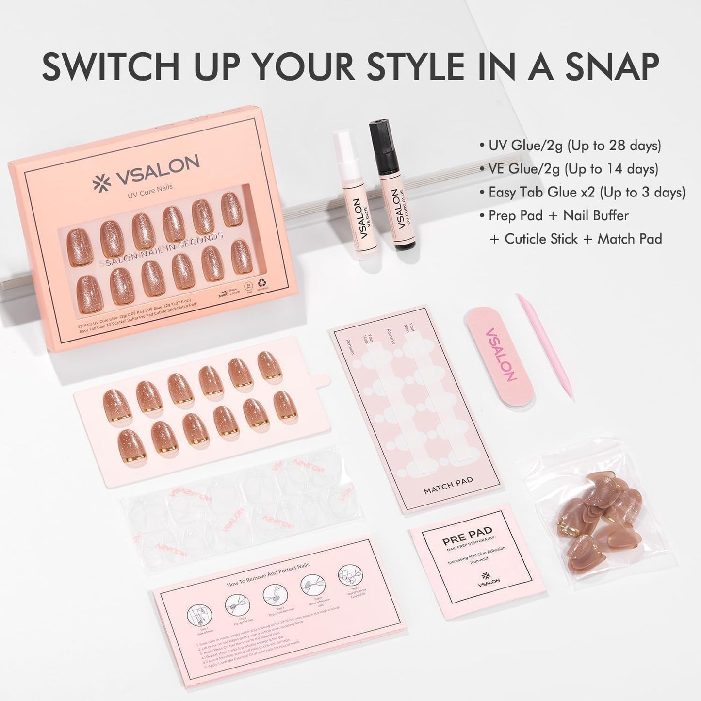 VSALON Oval Short Press On Nails, Gold Foil Finish Cat Eye French Tip Shimmer Light Curable False Nails, Reusable Salon Quality Opaque Fake Nails Kit - 32 pcs Stick on Nails Kit in 16 Sizes with Glues