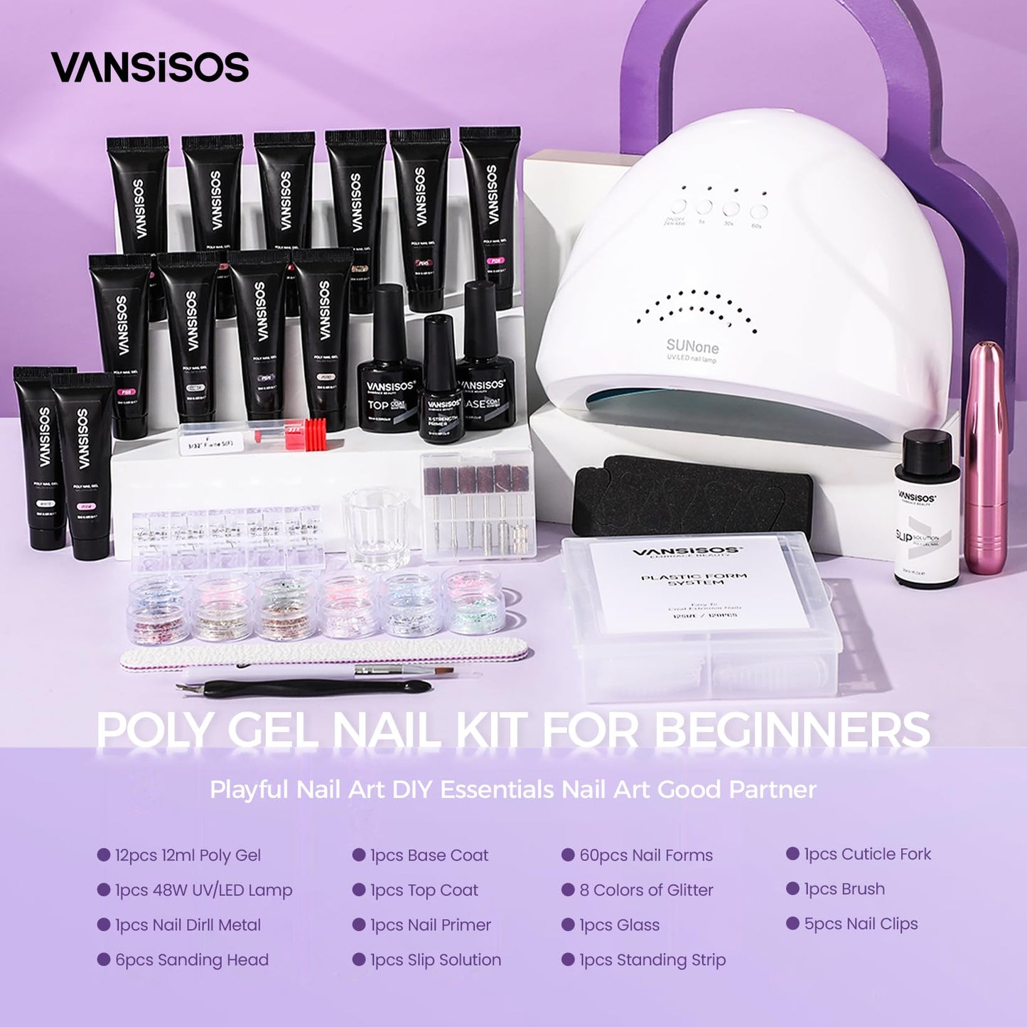 VANSISOS Poly Nail Gel Complete Kit: 12 Colors Poly Nail Gel Kit with U V Light Slip Solution with Base & Top Coat Extension Full Kit for Beginners DIY at Home or Professional Salon