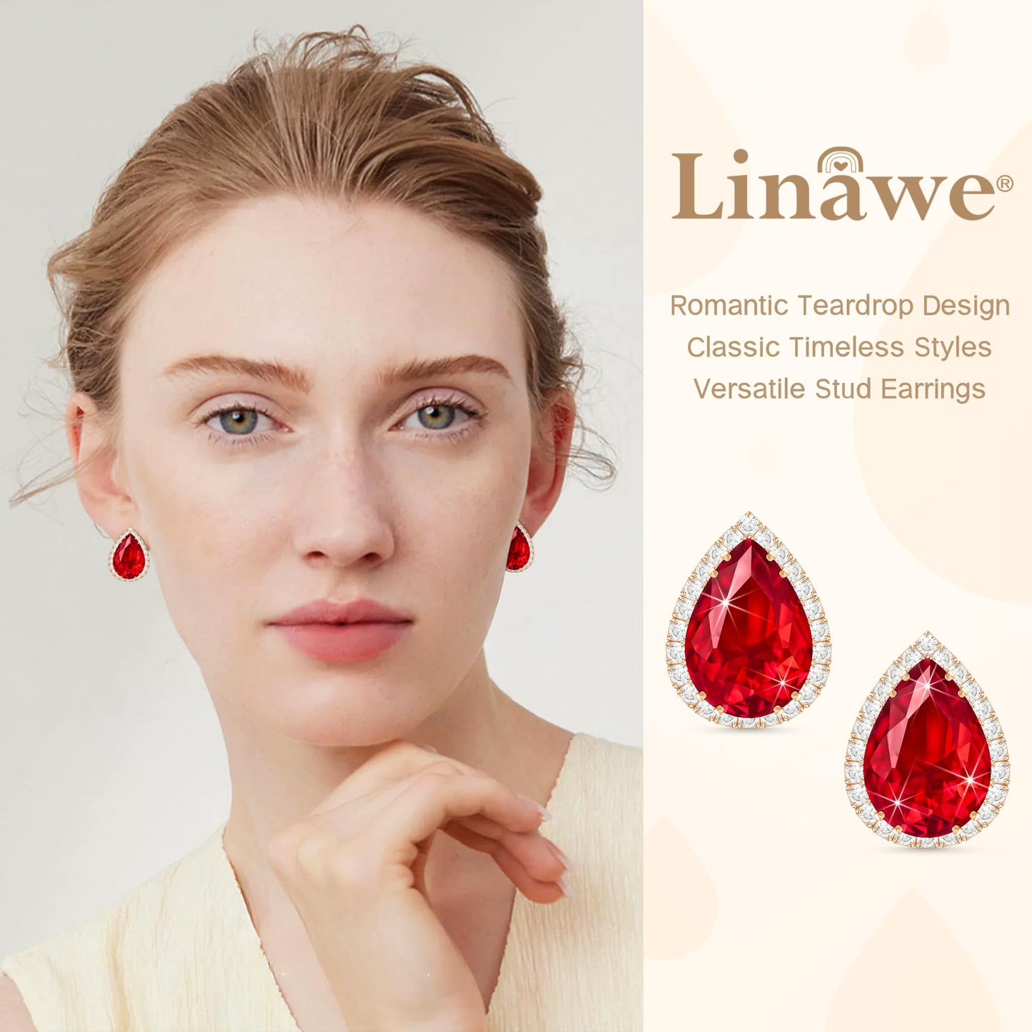 Linawe Ruby Red Imitation Diamond Stud Earrings for Women, Cubic Zirconia Teardrop Rhinestone Crystal Earrings Studs, Rose Gold Wedding Earrings Bridal Bridesmaid Ear Piercing Jewelry