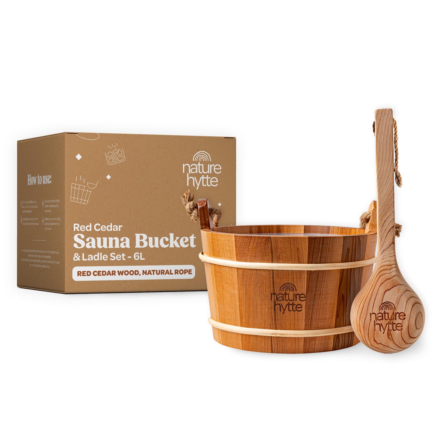 Nature Hytte Red Cedar Sauna Bucket and Ladle Set 6L (1.6 Gallon) - Natural Rope Handle - Premium Red Cedar Wood - Natural Aroma - Elegant Gift-Ready Packaging