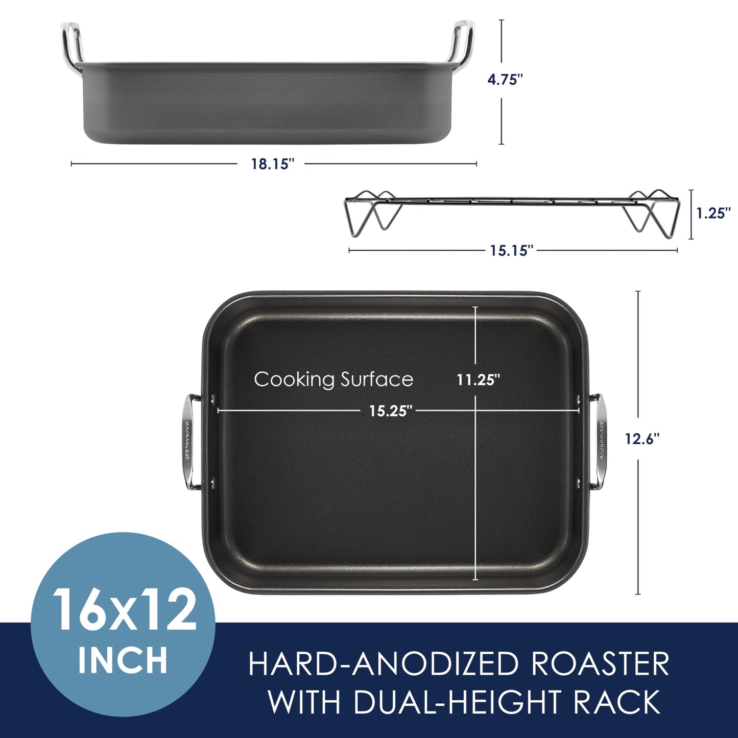 Rachael Ray Brights Hard Anodized Nonstick Roaster / Roasting Pan with Rack - 16 Inch x 12 Inch, Gray