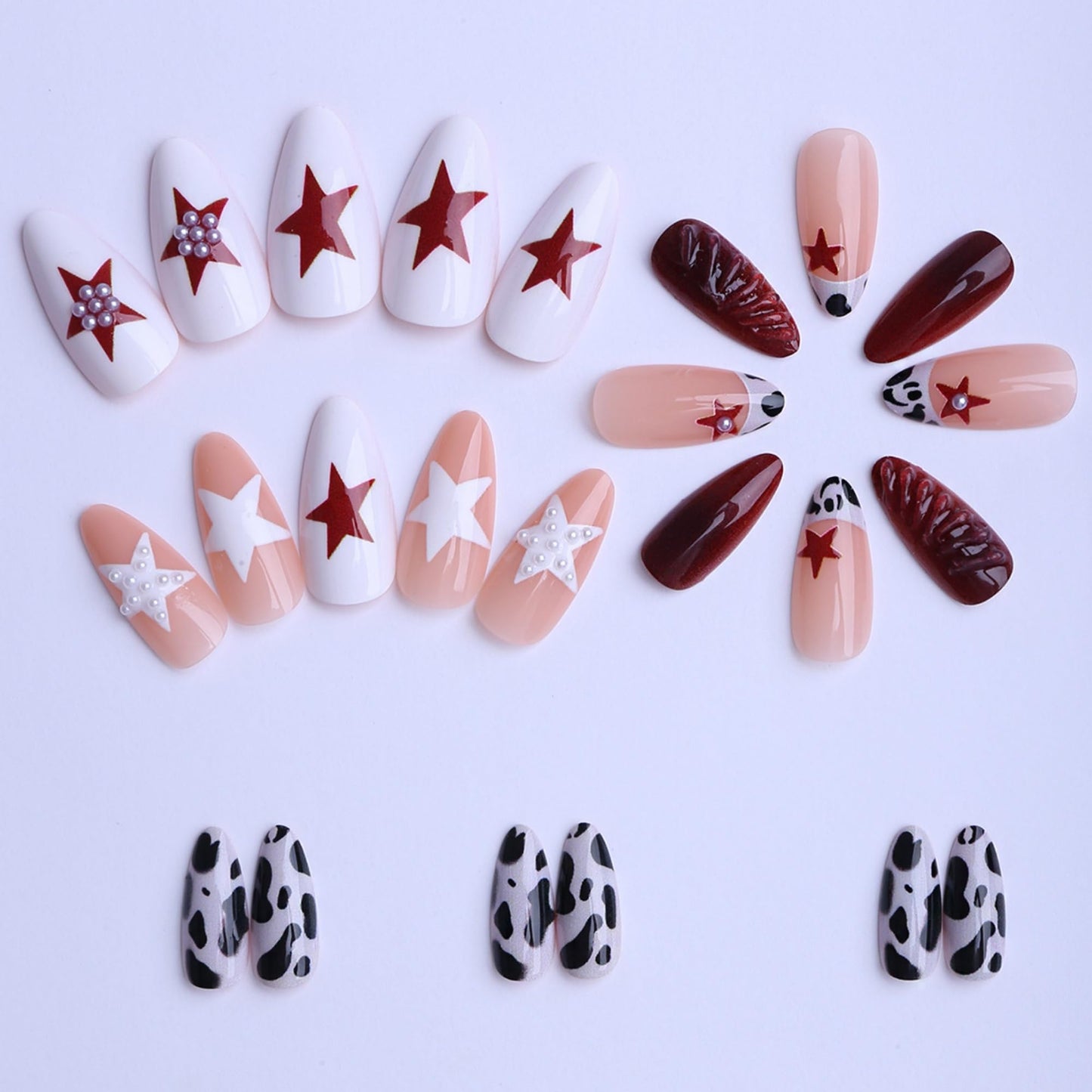 octoswave Press on Nails Medium Almond Fake Nails y2k French Artificial Nail with Stars and Spot Nails for Women 24pcs
