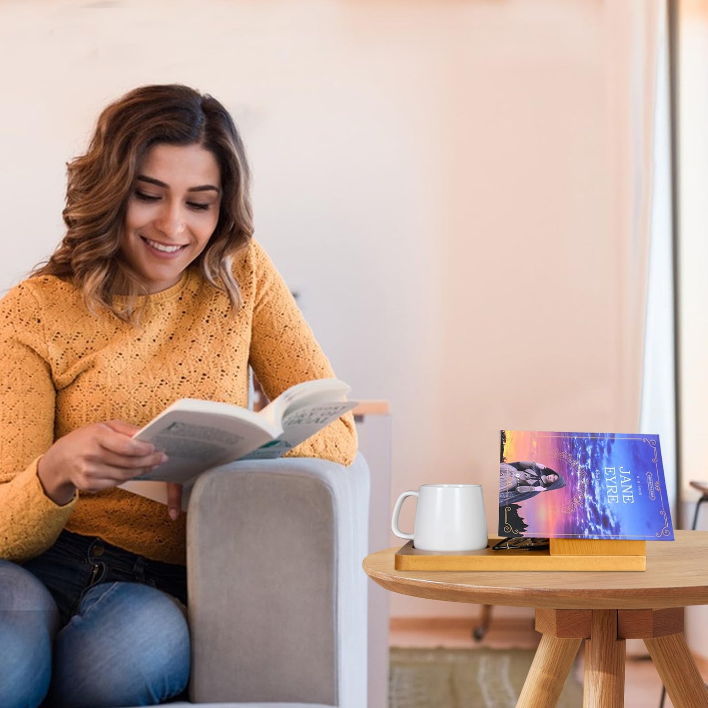 Eadvreit Book Stand, Wooden Triangle Book Holder, Book Rest with Cup Holder, Small Bookshelf Suitable for Reading or Desktop Decoration, Coffee and Book Lovers Gifts