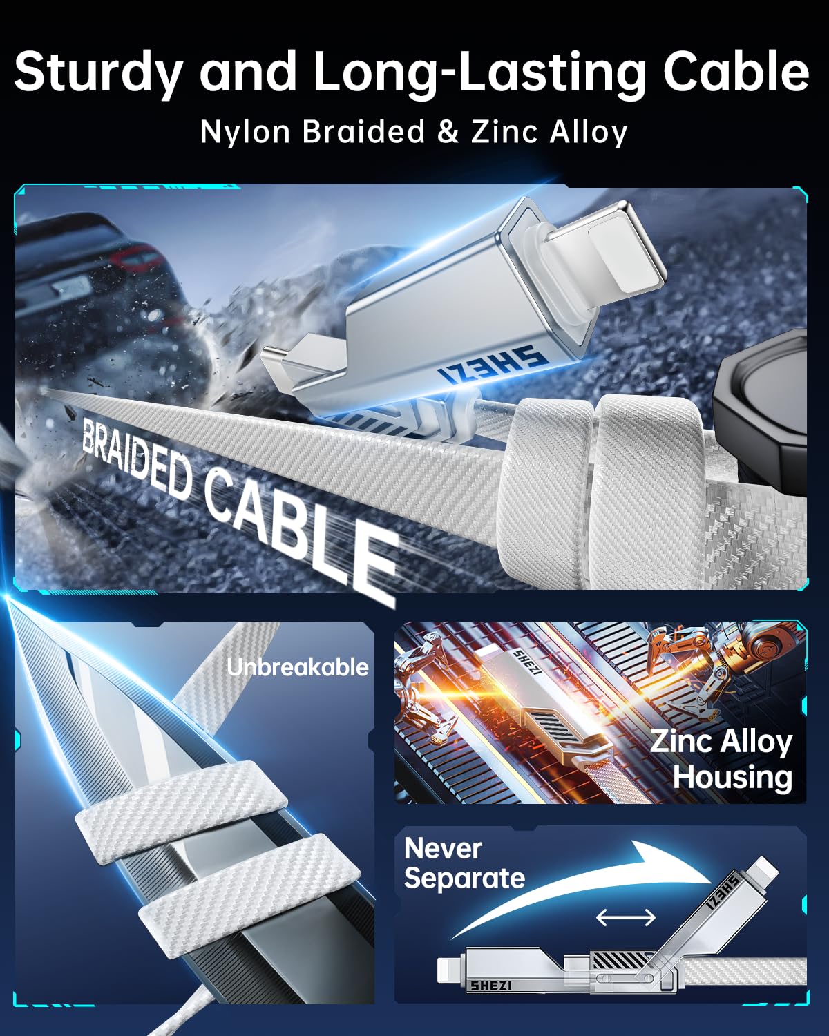 SHEZI [Upgraded 2.0] 4-in-1 USB C Cable 60W 10FT Fast Charging [480Mbps Data Sync] Flat Nylon Braided Charger Cord Combo, USB A/C to C/L Multi Charge Cable for iPhone/iPad & Most Devices, Silver