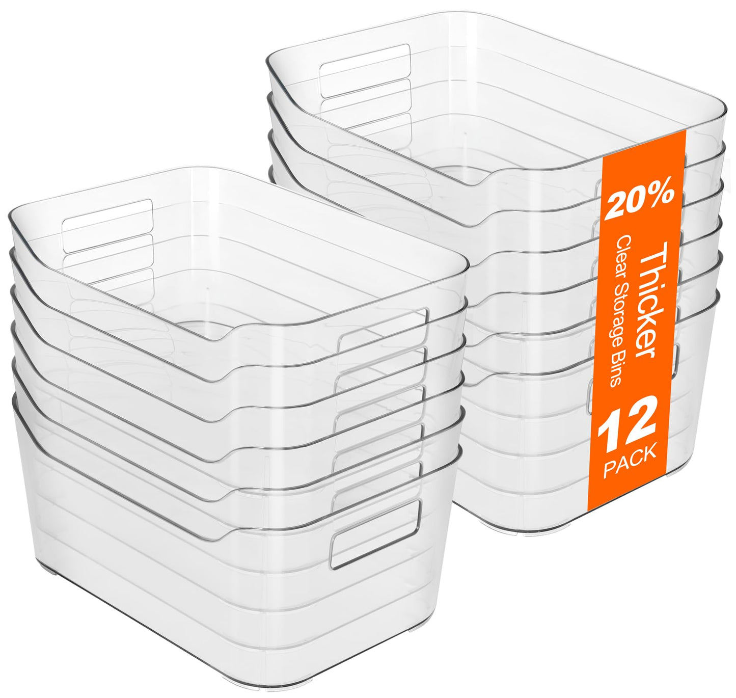 Hudgan 12 Pack Pantry Storage Bins for Kitchen Cabinet, Clear Plastic Organizer Bins for Bathroom, Pantry Organizer Containers for Home Edit, Drawer, Under Sink, Fridge
