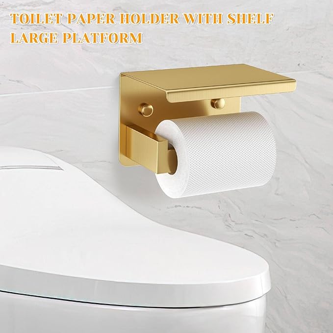 Brushed Gold Towel Bar Set 5 Pieces Bathroom Hardware Accessories Set,Upgraded Toilet Paper Holder with Shelf,Stainless Steel Towel Holder Set for Bathroom,Wall-Mounted 23.6 in