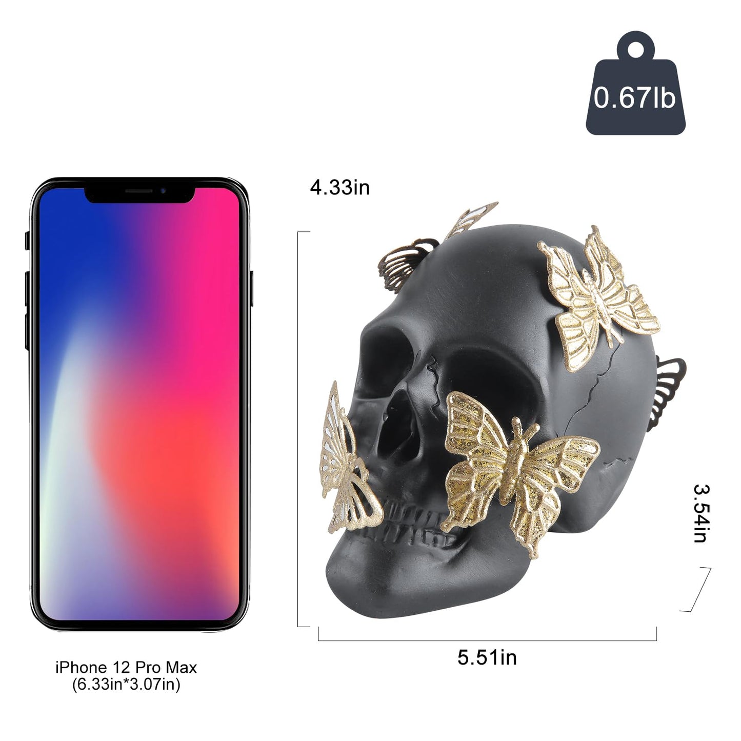 JOOMBE Black Skull Statue with Glod Butterfly,Halloween Decoration Home Decor Collectible Figurines (Small)