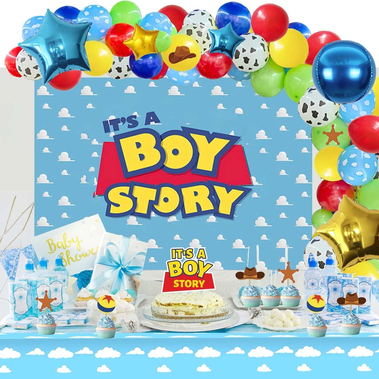 135 PCs Cartoon Toy Baby Shower Decorations, Homond Toy Themed It’s A Boy Story Decorations Backdrop Balloon Garland Arch Banner Box Cutout Tablecloth Cake Cupcake Topper Sash Blue