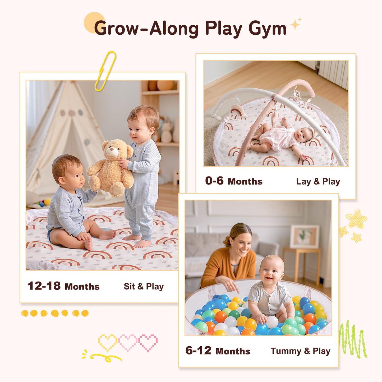 Mallify 6-in-1 XL Large Baby Gym & Ball Pit, Play Mat & Play Gym, Combination Baby Activity Gym with Milestone Cards for Sensory Exploration and Motor Skill Development, Balls are not Included