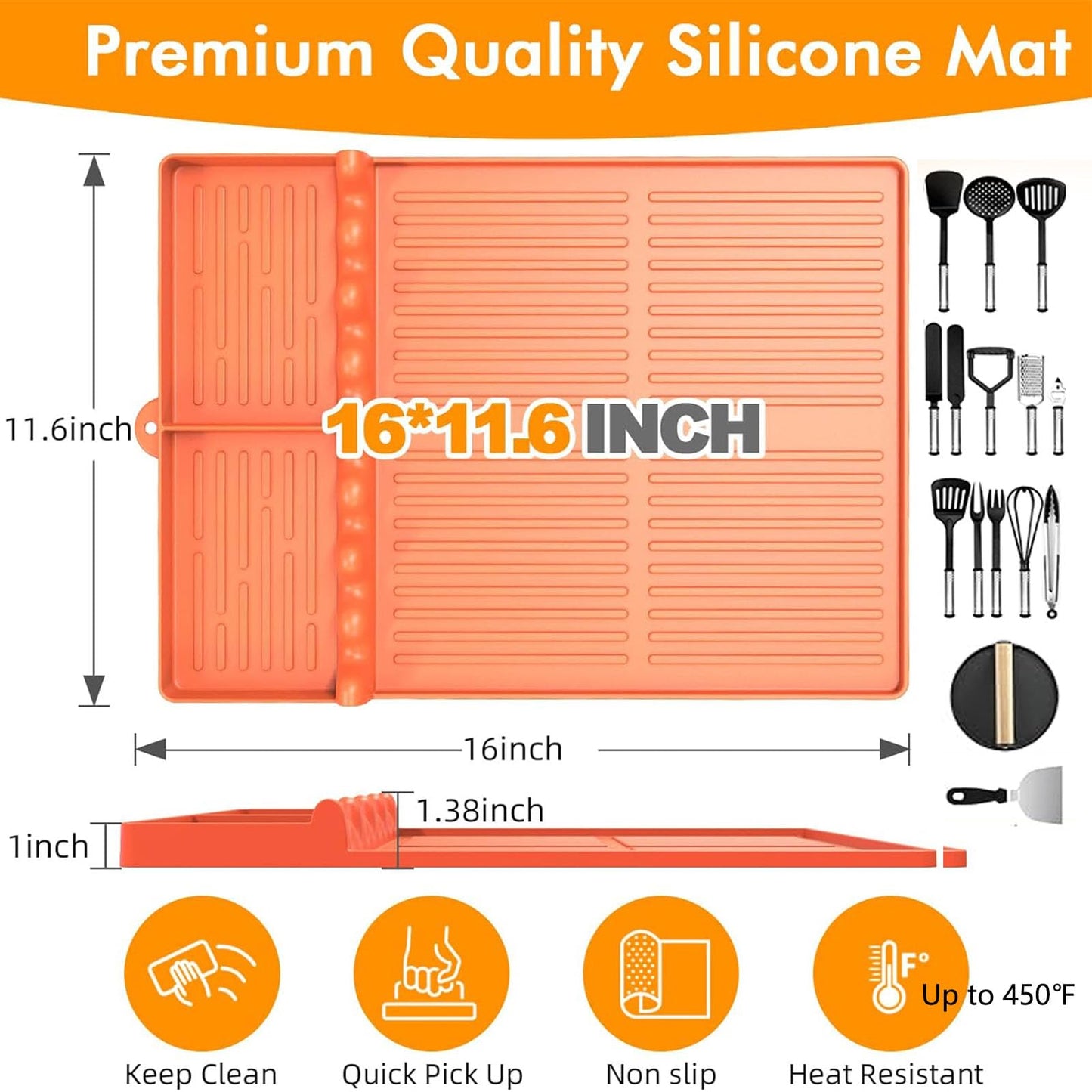 Silicone Griddle Tool Mat Compatible with Blackstone Weber - Flat Top Grill Pellet Smoker Side Shelf Spatula Mat with Drip Pad - Kitchen Cooking BBQ Grilling Accessories - Gift for Men(Orange)