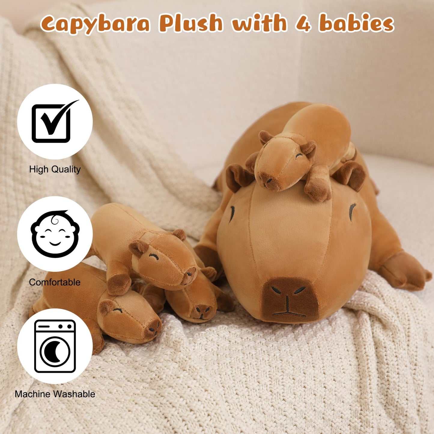 TOYSYM Capybara Plush Cute Capybara Stuffed Animal Pillow with 4 Baby Plushies in Her Tummy, Soft Cotton Stuffed Animals Toy Gifts for Kids
