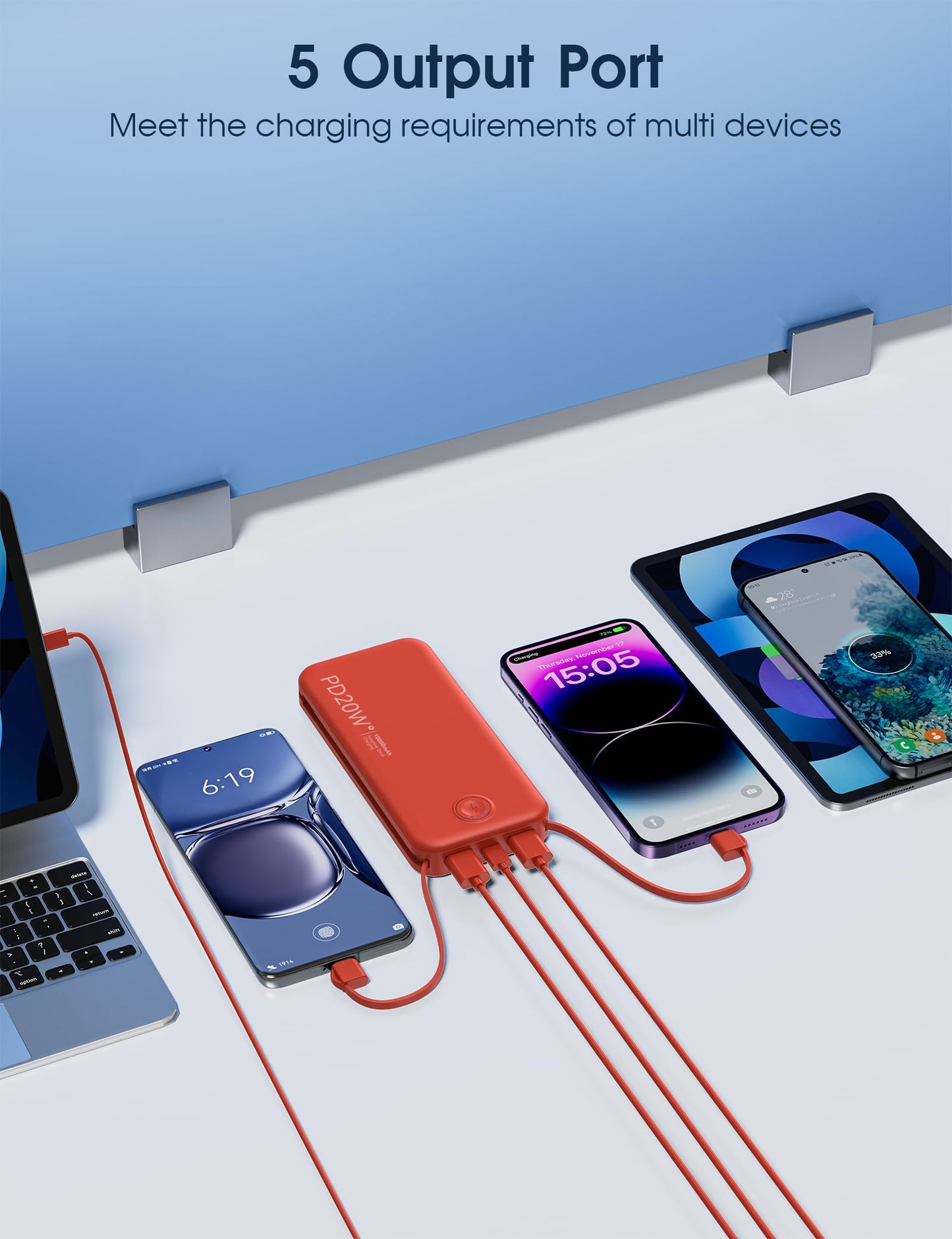 Nusyddy Portable Charger, 10000mAh PD20W Fast Charging Power Bank with Built-in Cables & Wall Plug, Travel Essentials External Battery Pack, USB C Battery Phone Charger for iPhone, iPad, Samsung Red