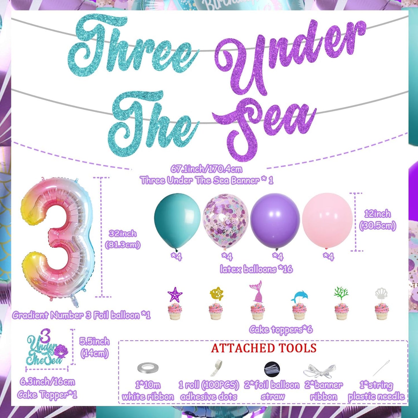 Three Under the Sea Party Decorations, Sea Themed 3rd Birthday Party Decorations Include Number 3 Seashell Confetti Balloons for 3rd Birthday Party Girls' Shell Decor Under the Sea Party Supplies
