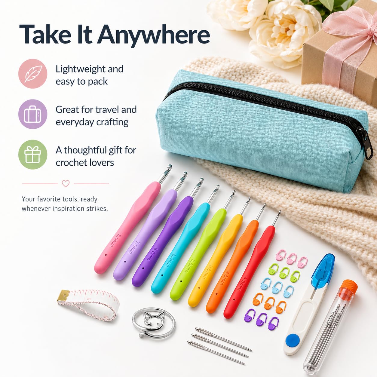 Crochet Hooks 12 Sizes Crochet Hook Set, 50 Pack Yarn Crochet Kit for Beginners, Knitting Needles with Ergonomic Handles for Arthritic Hands, Crochet Needle Kit with Blue Case for Crocheters