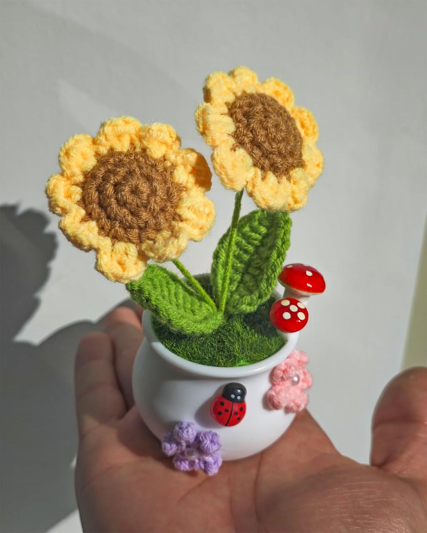 2 Pcs Handmade Crochet Sunflower with Mini Planter Pot - Zero Maintenance Desk Decor, Car Dashboard & Kitchen Decor, Durable Fade-Resistant Gift for Women, Plant Lovers, Unique Home&Office Decoration