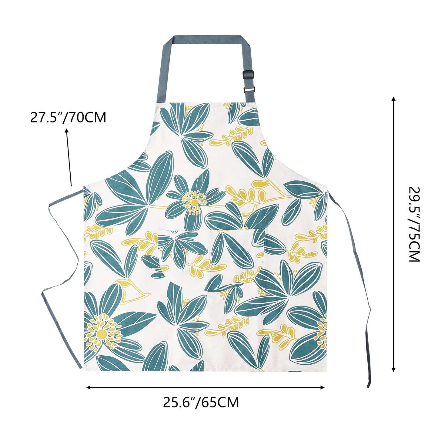 ARBINSON 2 Pack Floral Apron for Women with Pockets, Adjustable Cotton Chef Aprons for Kitchen, Cooking, BBQ & Grill (Turquoise/Leaf)