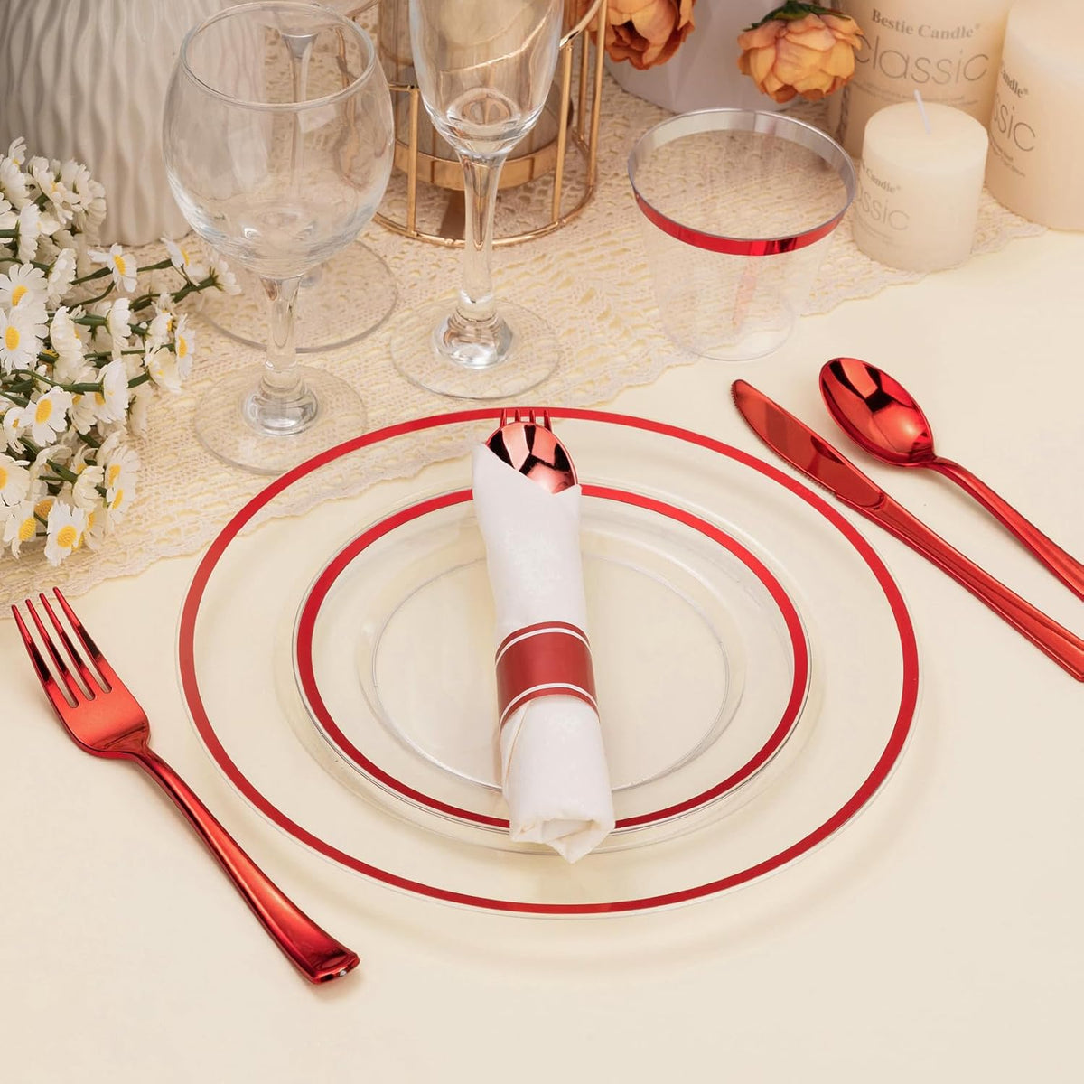 175PCS Clear and Red Disposable Plates Set for 25 Guests, 50 Plastic Plates, 25 Cups, 25 Pre-Rolled Napkins with Plastic Cutlery for Party, Birthday, Thanksgiving, Halloween, Christmas