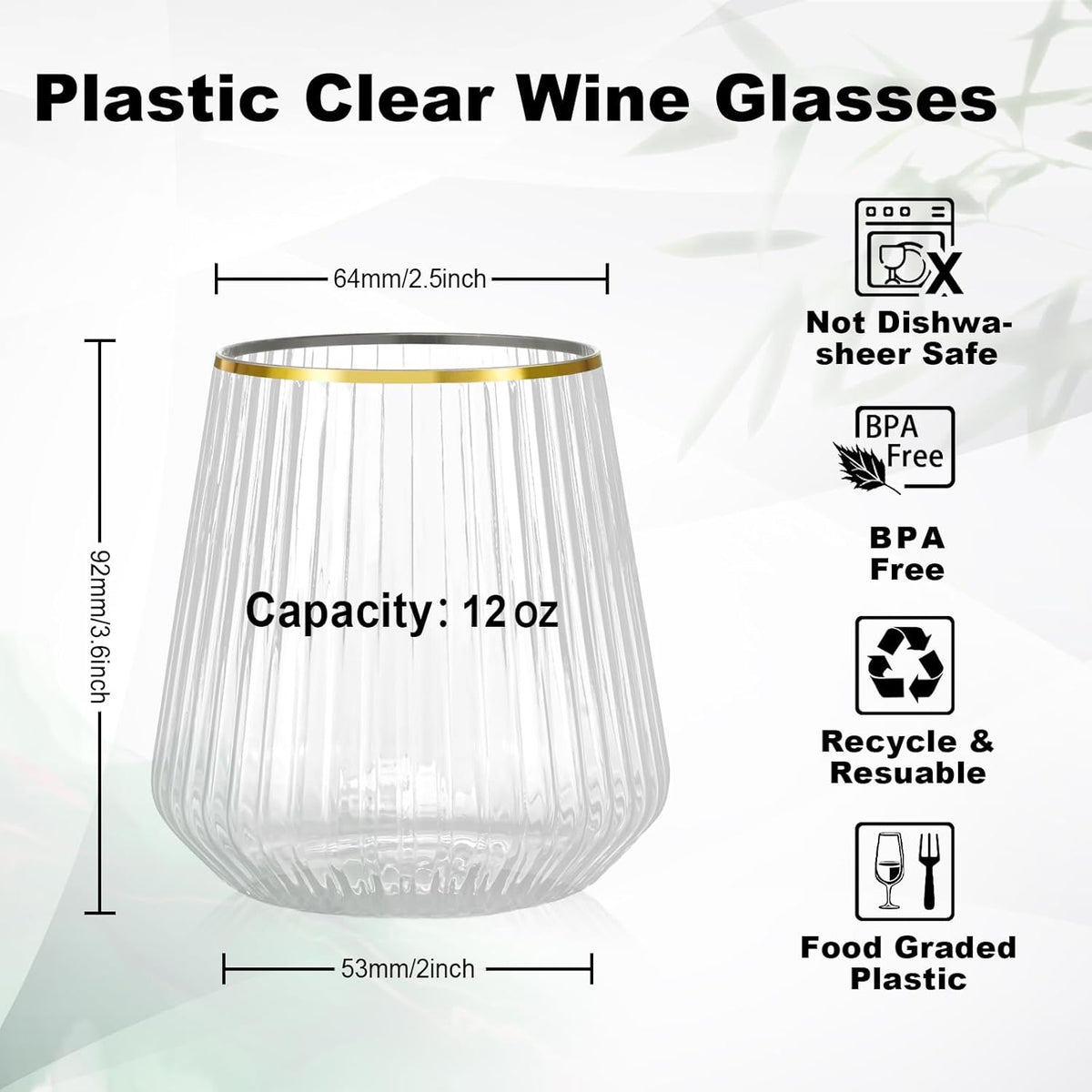 36 Pcs 12 oz Plastic Clear Gold Rim Ribbed Wine Glasses, Disposable & Reusable Champagne Glasses Elegant Whiskey Glasses Ideal for Weddings, Bars, Christmas, Holidays, Pool Party, Daily Use