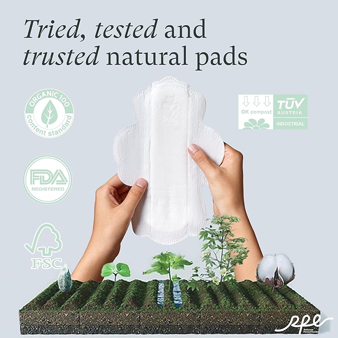 100% Organic Pads for Women, Organic Cotton Cover Pad - Regular Absorbency, Unscented, Ultra Thin Pads with Wings for Women (Regular, Size 3, 18 Count)