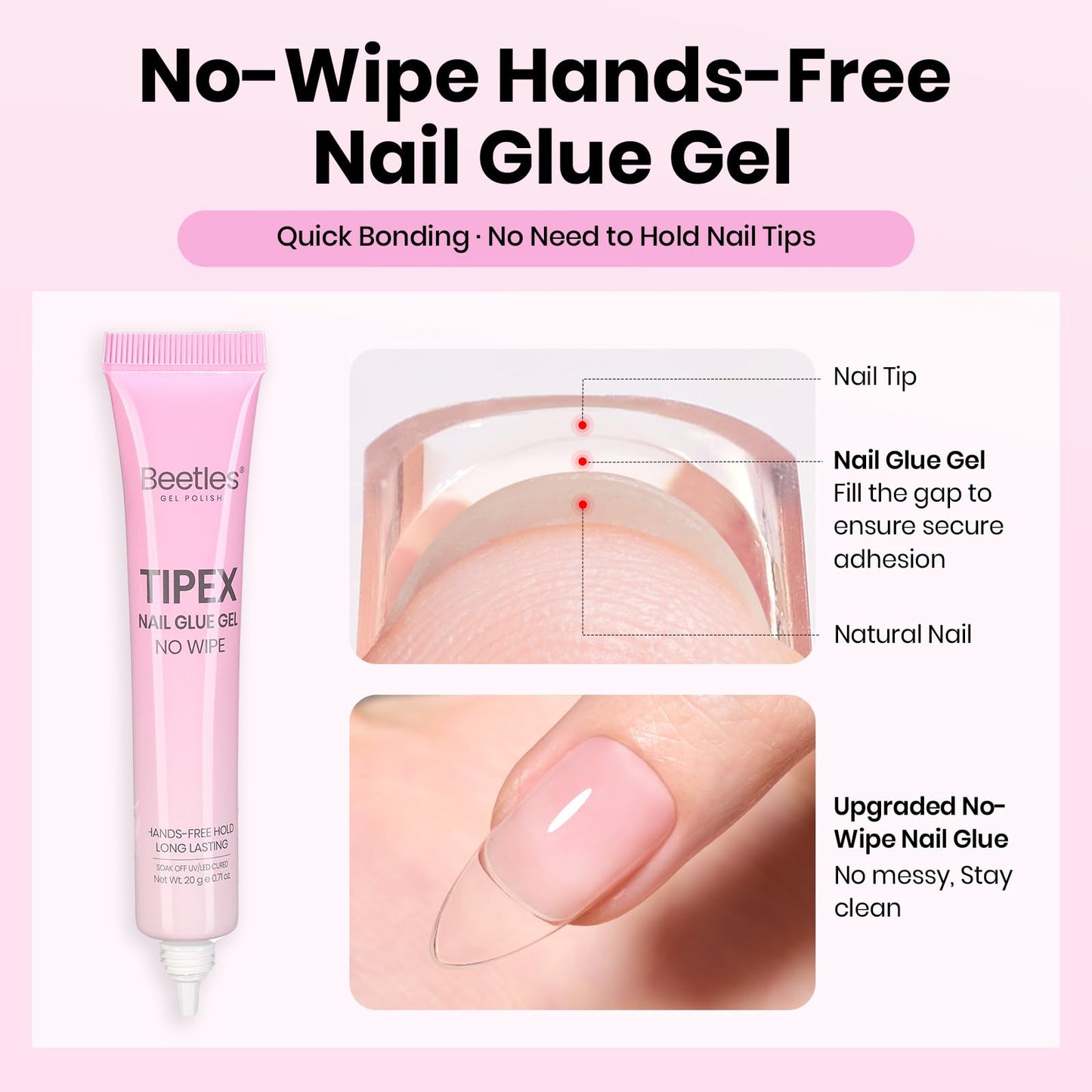 Beetles Tipex Lite Nail Tips Kit with Dehydrator & Primer, Medium Almond Full Cover Clear Nails 256PCS 16 Sizes, Mini UV Lamp, 20g Solid Nail Glue, Base & Top Coat, All-in-One Nail Starter Kit