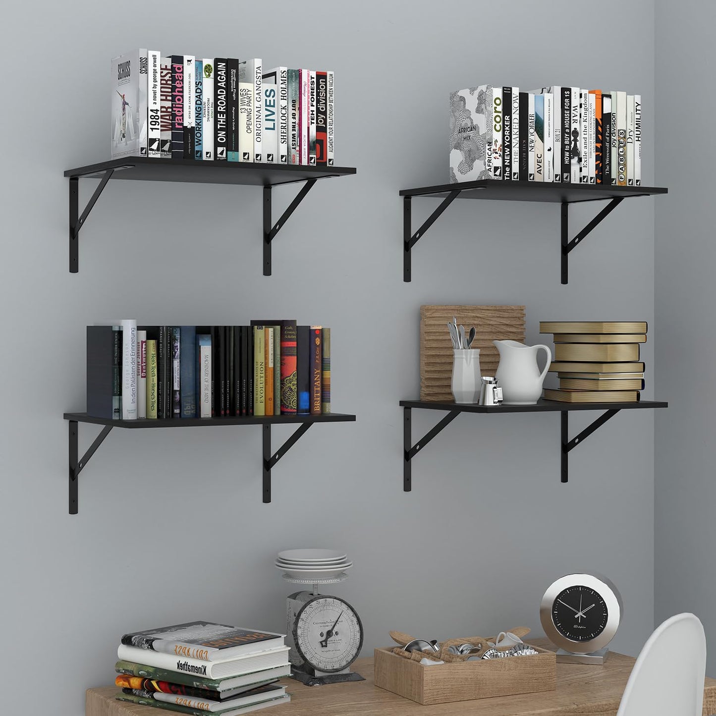 Deep Floating Wall Shelves - 4 Sets of 12 Inch Wide Black Wood Shelves for Bathroom, Bedroom, Kitchen, Living Room