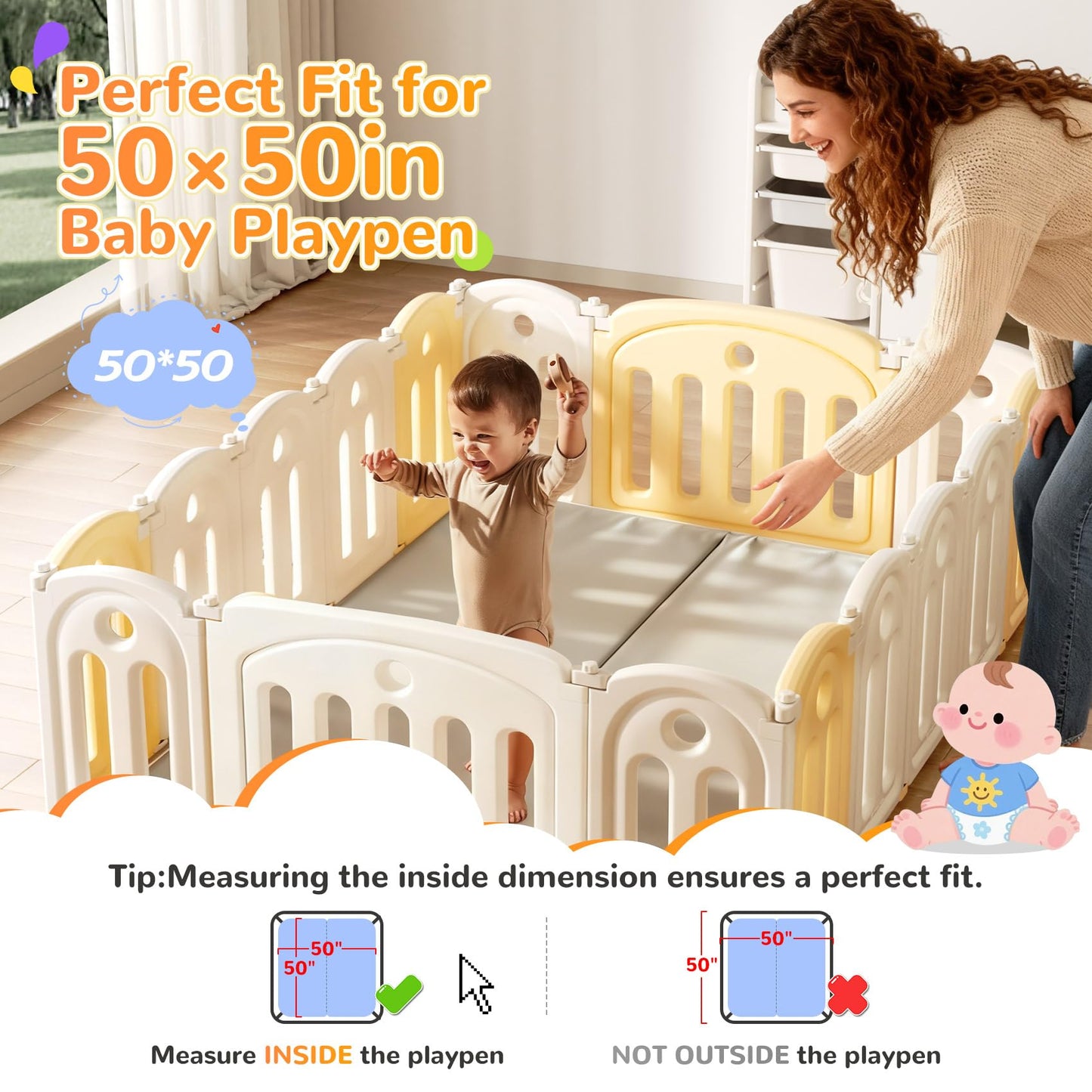 Baby Play Mat for Floor– 1.2" Thick, Foldable, Waterproof, 50×50 Playpen Mat, Non-Toxic, Easy to Clean, Thickened Foam Cushioned, Perfect for Tummy Time & Crawling, Babies & Toddlers