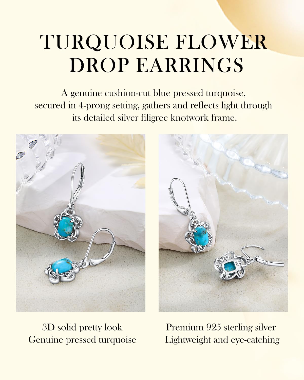 AIBAO Turquoise Earrings for Women Sterling Silver Blue Gemstone Flower Drop Earrings Native American Jewelry Bohemian Western Turquoise Dangle Earrings