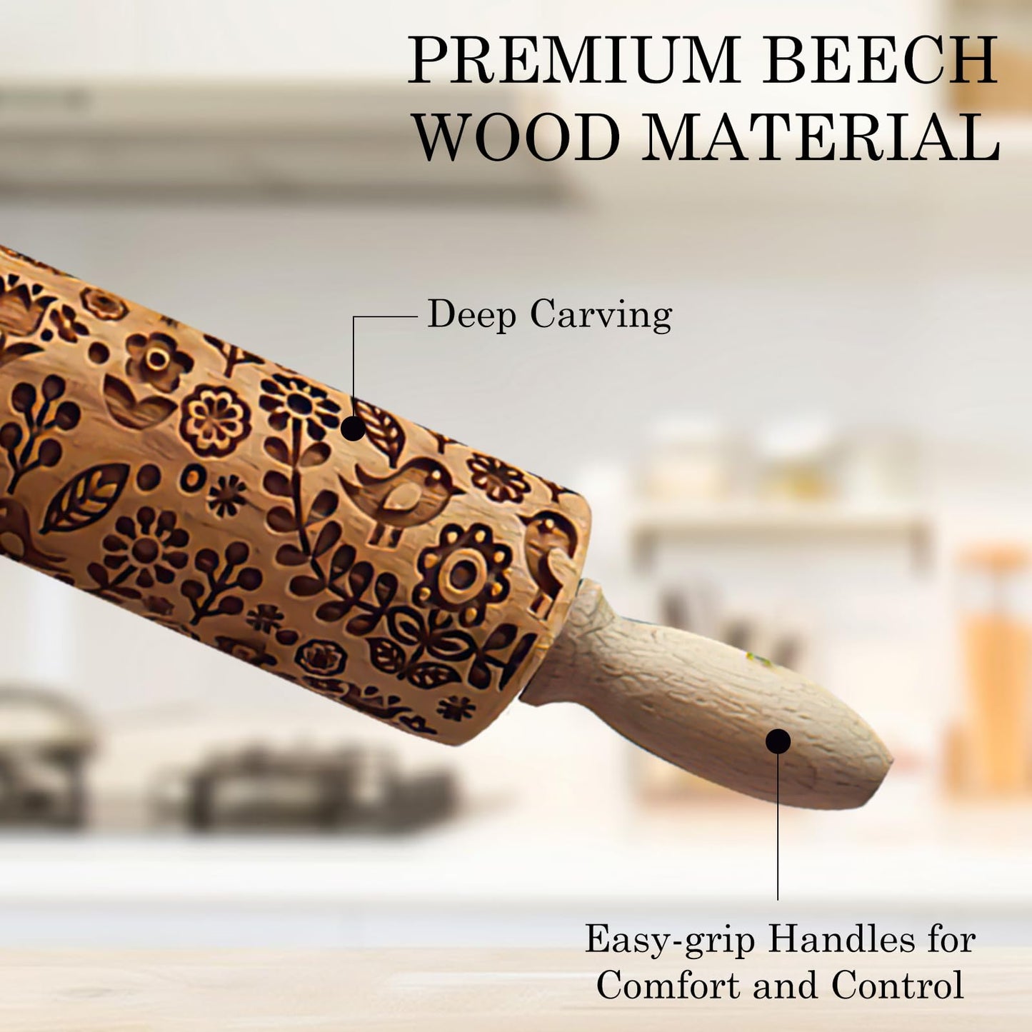 Deep Engraved Bird & Flower Rolling Pin – Embossed Cookie, Clay & Dough DIY Tool, Handcrafted Texture Roller for Baking & Crafts