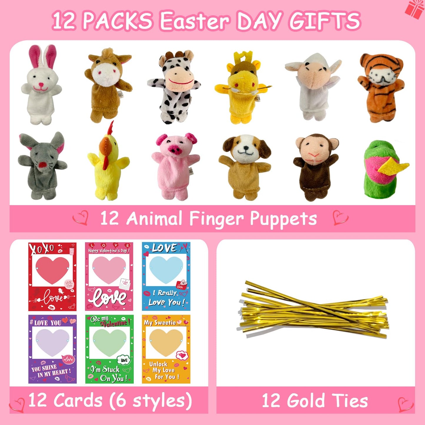 JIALWEN 12 Pack Animal Soft Plush Finger Puppet Kids Theme Gifts Greeting Cards School Classroom Exchange Game Prizes Party Favors
