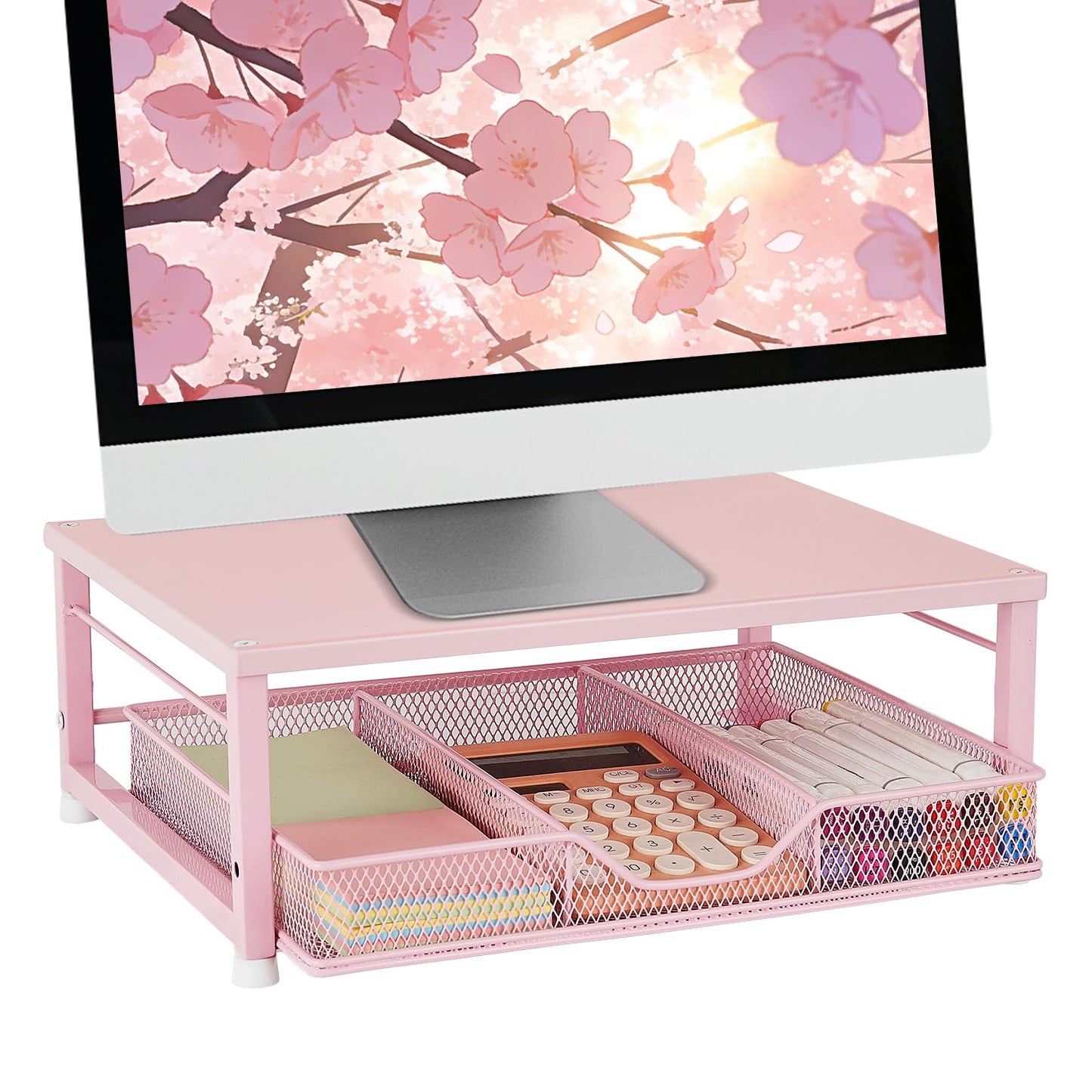 Gugsey Small Pink Laptop Stand for Desk, Monitor Stand, Office Desk Accessories, Computer Desktop Stand with Drawer for Home, Office, School (Pink)