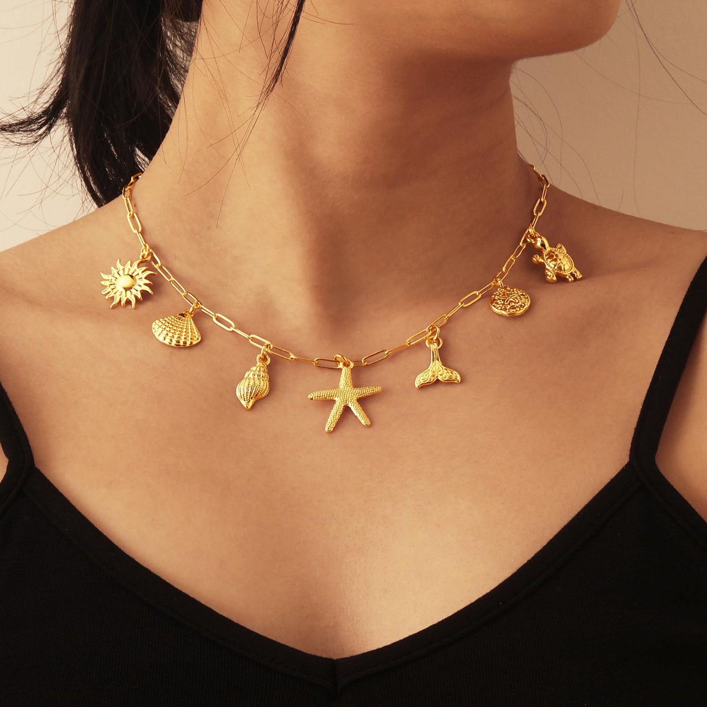 Lydow Charm Necklace for Women, Shell Beach Summer Sun Starfish Turtle Necklaces Pendant Seashell Boho Jewelry Gifts Paperclip Chain Beachy Her