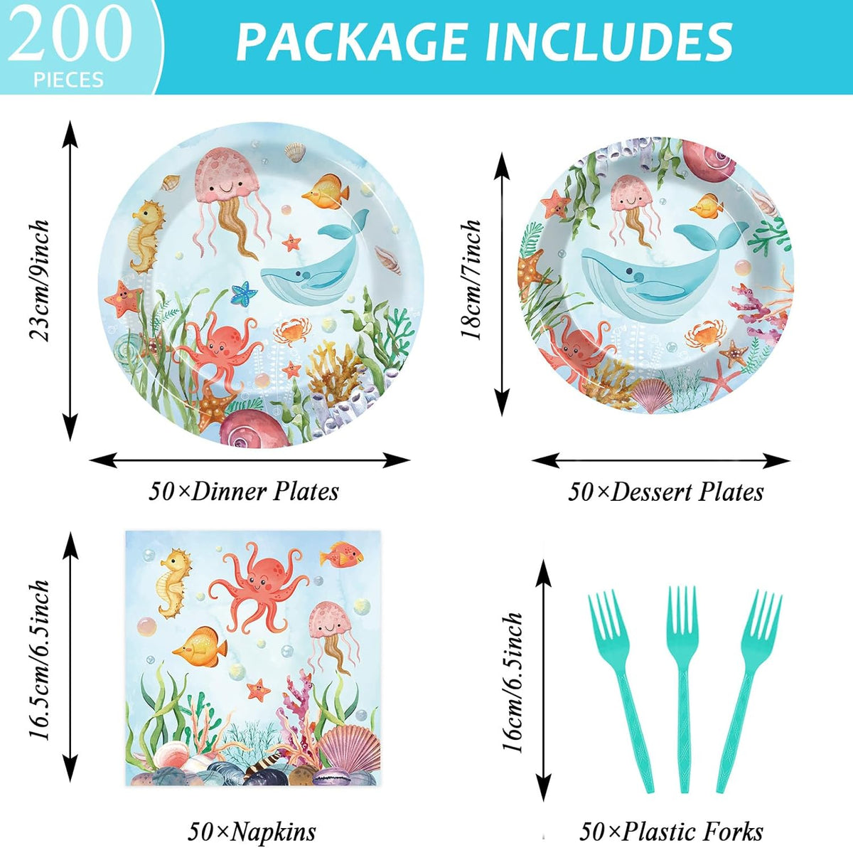 gisgfim 50 Guests Under the Sea Party Decorations Plates and Napkins Ocean Animals Birthday Paper Plates Napkins Tableware Set Underwater Sea Life Party Supplies for Birthday Baby Shower 200Pcs